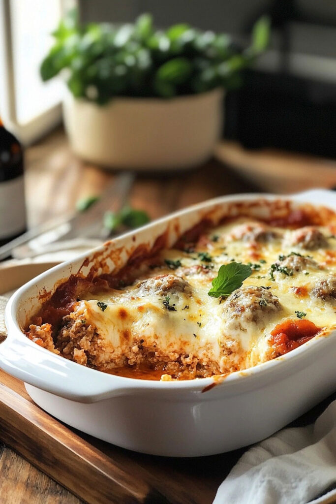 Assembling the Meatball Parmesan Casserole