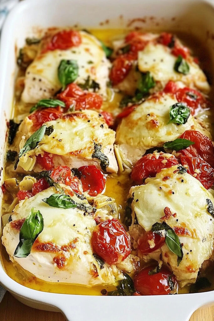 Low Carb Tomato Basil Artichoke Baked Chicken