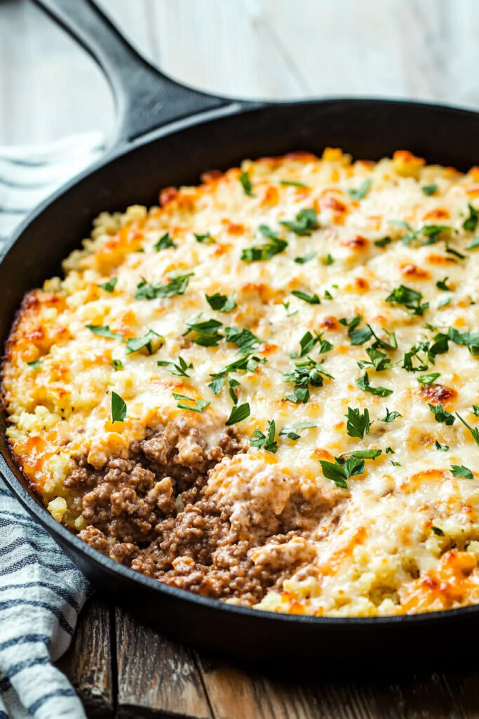 Serve the Ground Beef & Cauliflower Rice Casserole